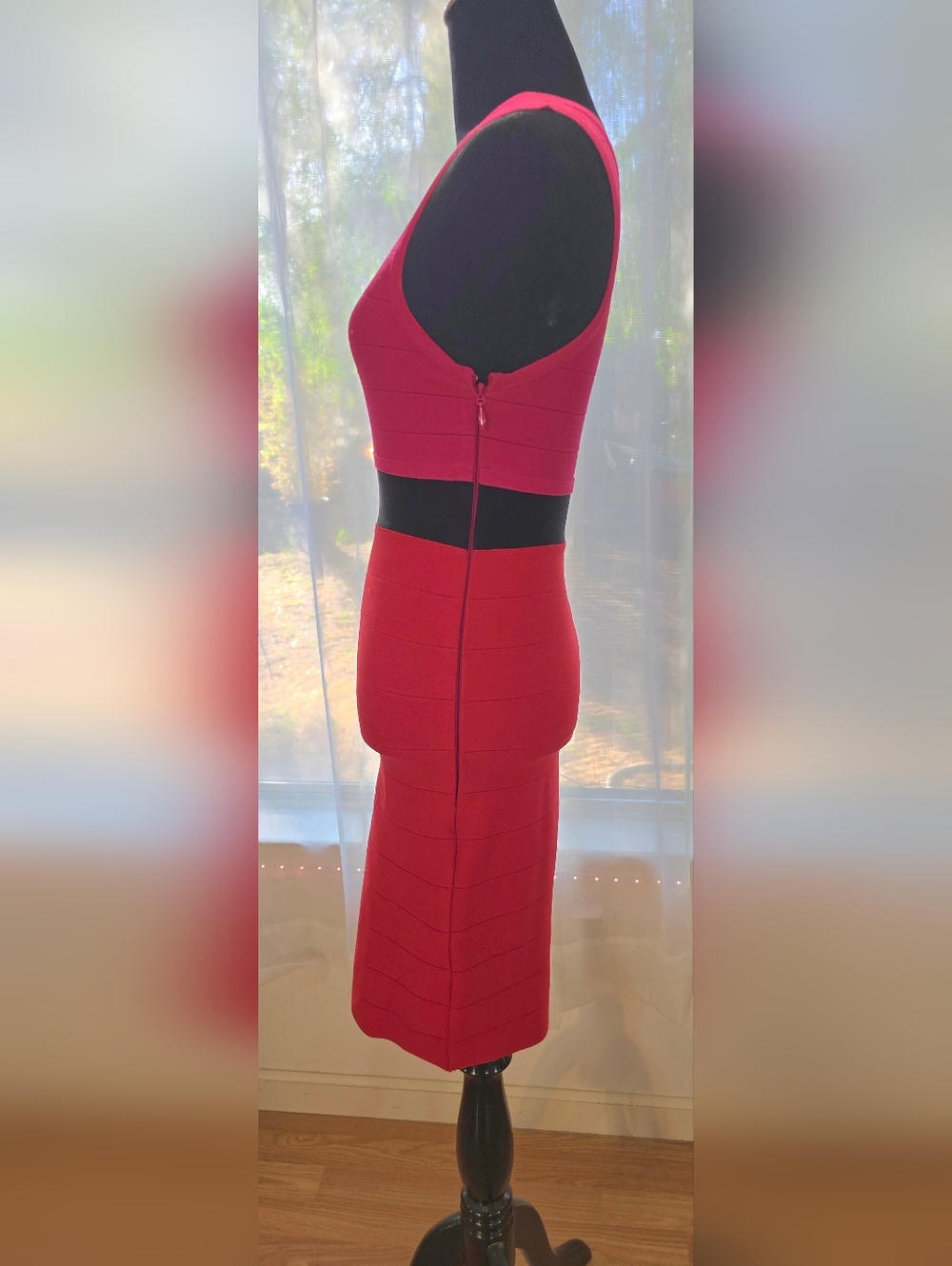 VENUS Hot Pink Bandage Midi Dress with Black Waist Panel XS